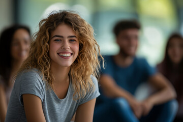 Cheerful young girl with curly hair smiling brightly while sitting indoors with group of relaxed young friends