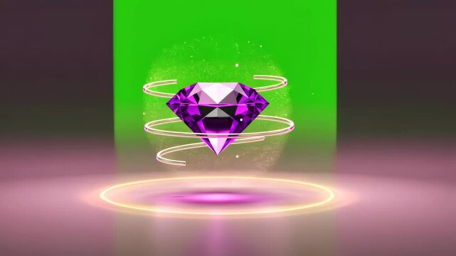Enchanting Amethyst: A dazzling, perfectly faceted amethyst levitates gracefully, wrapped in a delicate spiral of light against a bright green backdrop.