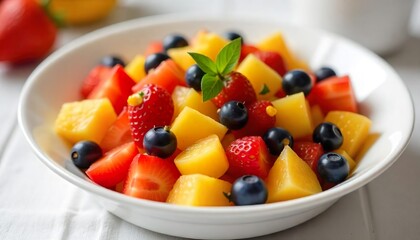 A plate containing various types of fruits, kiwi, mango, cherry, berries, grapes