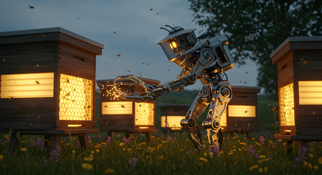 Futuristic apiculture a robotic beekeeper tending to electric honey beehives