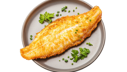 a golden-brown crispy fish fillet is served on a round plate gar