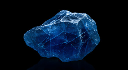 Fototapeta premium Isolated sapphire blue crystal formation with fractured surface details on black background