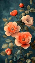 Peach and Cream Roses with Green Leaves on a Dark Blue Backdrop