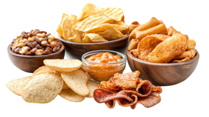 A delicious assortment of crispy snacks and chips on black background for your party needs