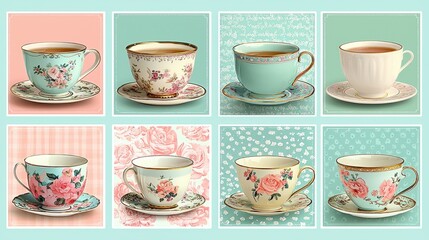 Vintage Floral Tea Cups Displayed on Pastel Table Backgrounds