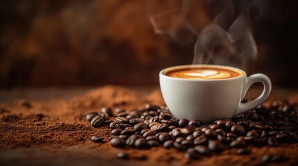 Steaming Coffee Cup with Heart Design Surrounded by Coffee Beans