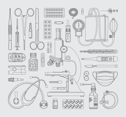 Isolated medical equipment, tools, items, supplies like syringe, scalpel or microscope. Vector linear elements on white background.