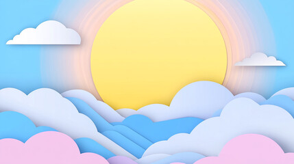 Fototapeta premium Bright Paper Cut Sun and Clouds. Minimalist 3D Illustration