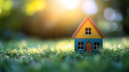 Small Colorful Miniature House on Green Grass in Sunlight