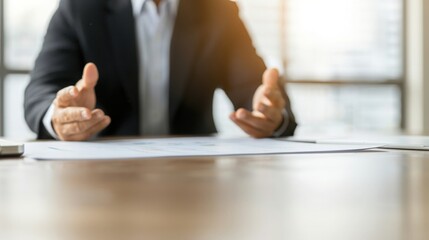 Businessman explaining project details, Close up of hands gesturing over documents