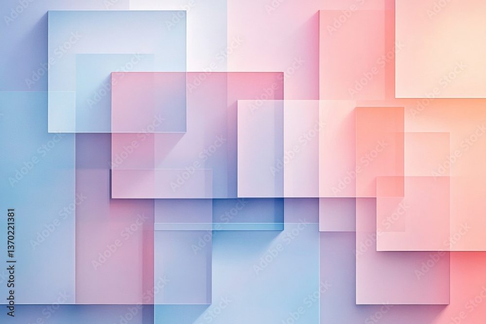 Poster Overlapping translucent squares create a clean geometric design featuring pastel gradients and abstract elegance