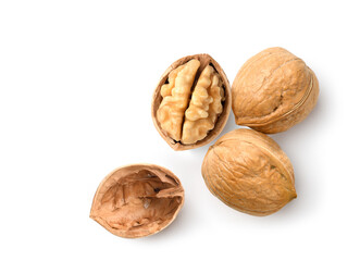 Flat lay of Walnuts isolated on white background.