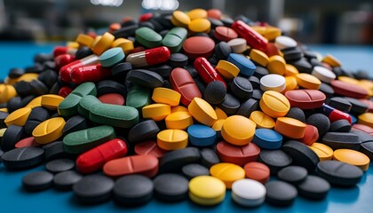 Colorful Pills Heap with Medical Background.