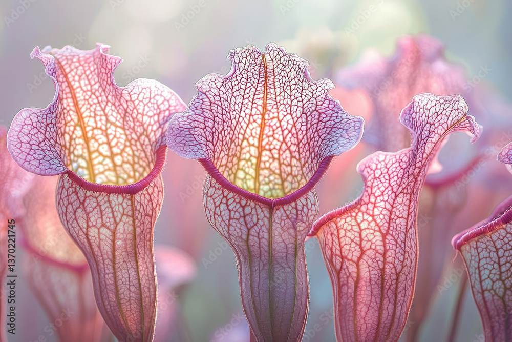Poster delicate pink pitcher plants with intricate veining, bathed in soft light.