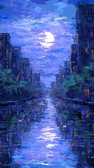 Pixel art cityscape at night, reflecting in water under a full moon.  Dreamlike, digital art.