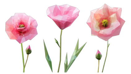 three stylized low-poly pink flowers with varying shapes and siz
