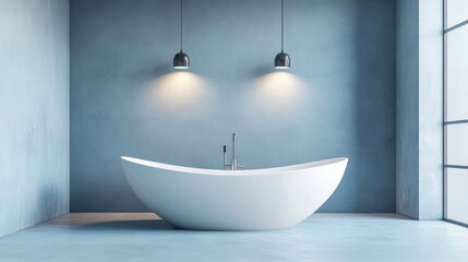 Modern light blue bathroom with a freestanding tub.  Possible use Stock photo for interior design magazines, home decor websites, or bathroom product catalogs