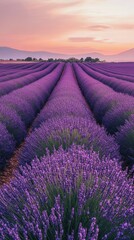 Obraz premium Lavender Field Serenity: A picturesque panorama of lavender fields bathed in the soft hues of a pastel sunset. The lines of vibrant purple blooms stretch toward the horizon.