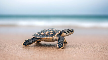 Baby sea turtle crawling on sandy beach coastal environment nature photography calm ocean view