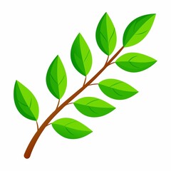 A simple illustration of a brown stem with several vibrant green leaves on a white background