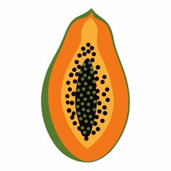 A halved papaya with black seeds and orange flesh against a white background image