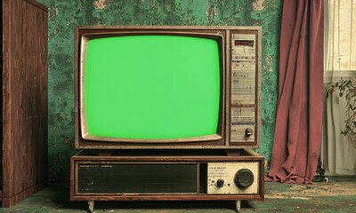 Retro TV set with green screen against an aged backdrop, vintage aesthetic, and nostalgic charm for creative visuals