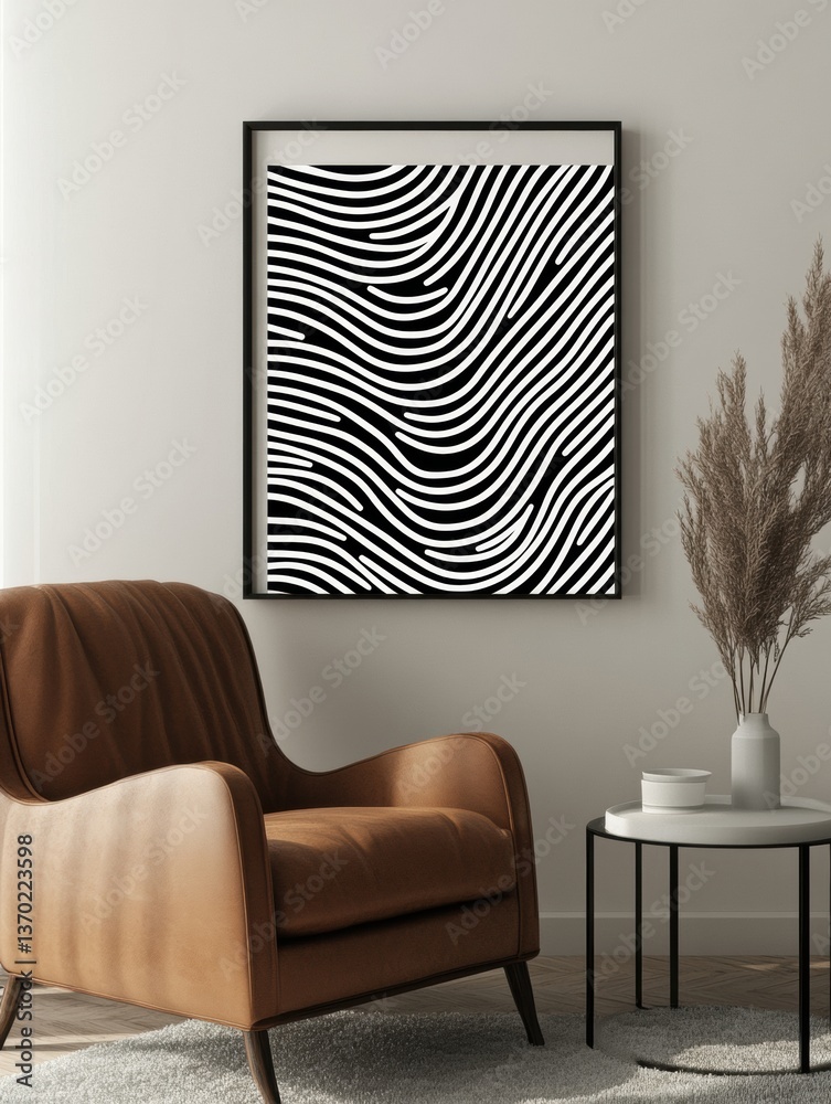 Poster bold modern abstract art featuring minimalistic black and white wavy lines in a stylish contemporary