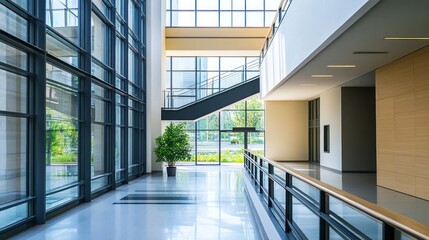 Modern office building interior hallway with glass walls, stairs, and plants.