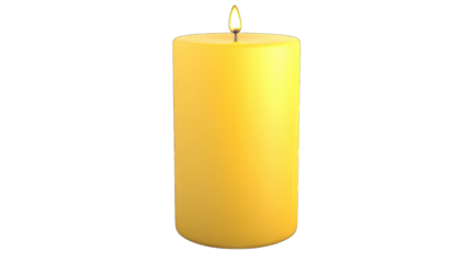a single yellow candle with a small flame on top set against a p