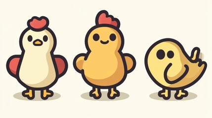 Obraz premium Cute and Colorful Cartoon Chickens Featuring Three Adorable Characters with Unique Designs Perfect for Children's Illustrations, Educational Materials, or Farm-Themed Projects