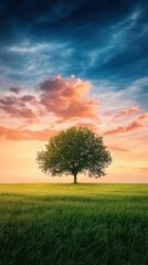 Fototapeta premium Solitary Tree in the Golden Hour: A vibrant capture of a lone tree standing tall in a vast field, illuminated by the warm hues of a beautiful sunset. The sky is a canvas of colors.