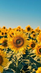Obraz premium Golden Embrace: A vast field of vibrant sunflowers basking in the golden sunlight, their faces turned towards the clear blue sky, creating a captivating display of nature's beauty.