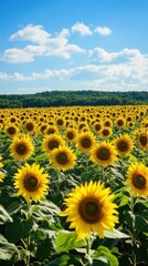 Fototapeta premium Sunflower Field under Blue Sky: Capturing a breathtaking vista of endless sunflowers under a vibrant blue sky with fluffy white clouds. A picturesque and sunny day in nature.