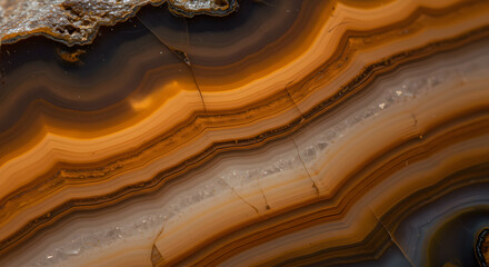 Striated patterns in cracked tiger stripe agate with warm earthy tones