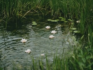 Obraz premium Serene pond with delicate white water lilies. Tranquil nature scene.