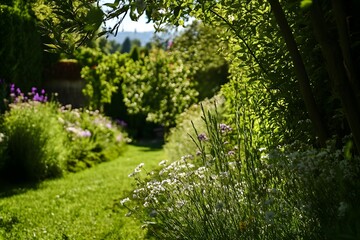 Fototapeta premium Lush garden pathway with vibrant flowers and green foliage