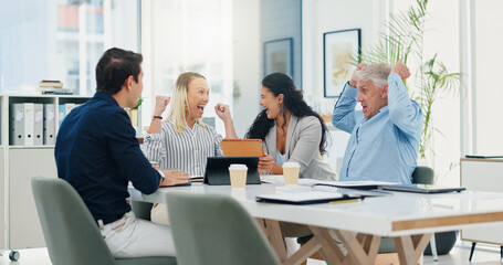 Success, excited and teamwork with business people in meeting for support, celebration and deal approval. Achievement, funding grant and growth with employees in office for news, profit and results