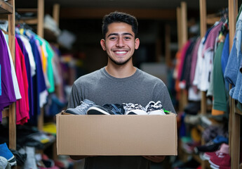 Fototapeta premium A cheerful young Hispanic man stands in a colorful clothing store holding a box filled with various shoes. Shelves filled with apparel surround him, creating a lively atmosphere