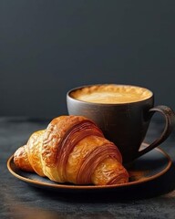 delicious breakfast with fresh croissant and cappuccino on a dark background