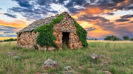 Obraz premium Stone farmhouse with ivy under vibrant sunset sky