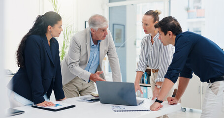 Laptop, planning and discussion with business people in office for meeting, investment schedule and advisor. Finance report, budget review and partnership with employee in agency for collaboration