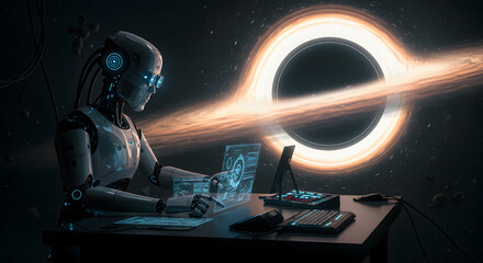 Robotic linguist analyzing gravitational waves emitted from a black hole