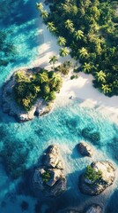 Paradise Island from Above: A breathtaking aerial view of a tropical island with pristine turquoise waters. Lush vegetation, sandy shores, creating a serene atmosphere.