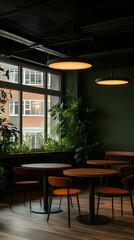 Modern cafe interior with dark walls, large windows, lush greenery, round wooden tables, orange chairs, and warm lighting.