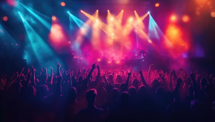 Energetic Concert Scene with Silhouetted Crowd Under Vibrant Blue and Orange Stage Lights Capturing the Excitement and Atmosphere of a Live Performance