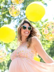 Radiant expecting mother celebrates under a canopy of balloons and joy