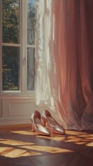 Elegant bridal shoes by the window, bathed in sunlight.  Romantic, dreamy atmosphere.