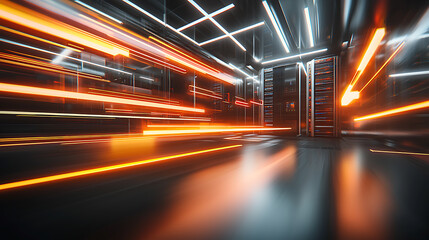 Dynamic light trails creating a futuristic atmosphere in a high-tech server room