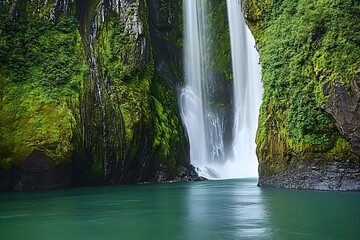 Fototapeta na wymiar Majestic waterfall cascading into a serene green pool, framed by mossy rocks