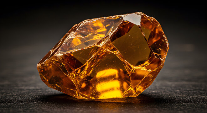 Captivating cracked topaz stone shimmering with amber light against a dark backdrop